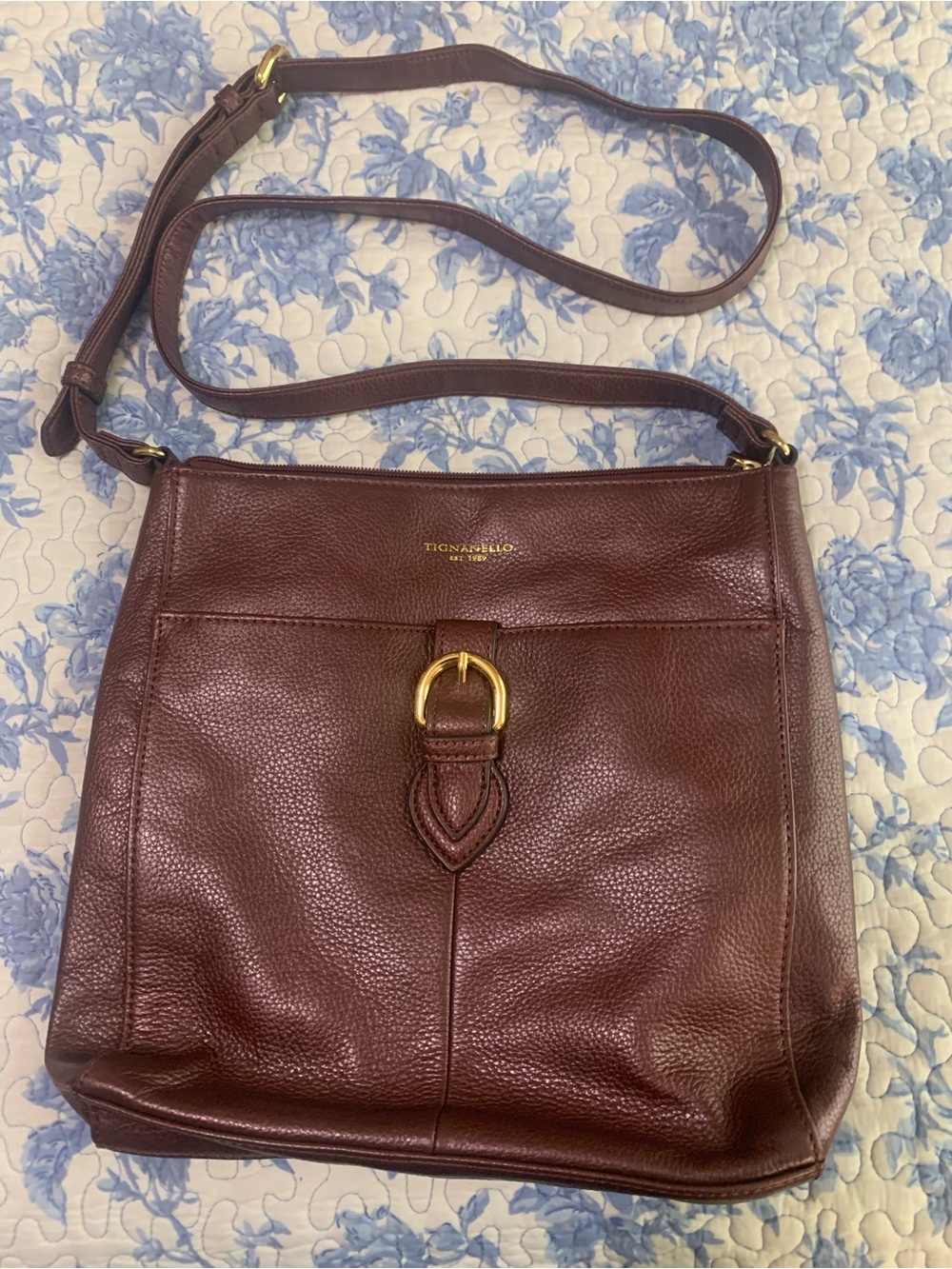 Tignanello Oxblood Pebbled Leather Crossbody with Gold Buckle